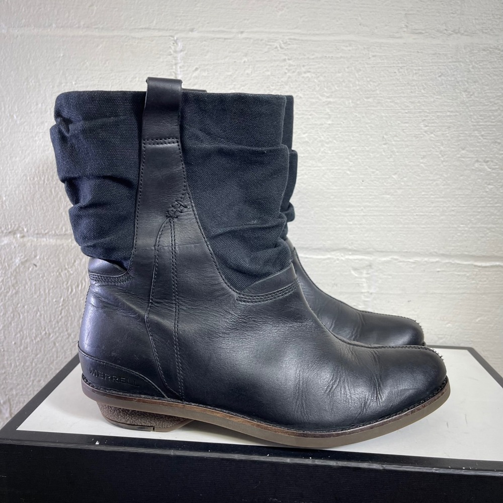 Merrell J45628 Black Leather Canvas Slouch Boots Pull On Women's 6.5 US